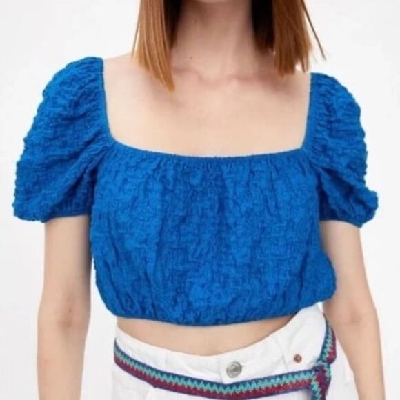 ZARA blue puff sleeve textured stretchy crop top BoHo bohemian - Picture 1 of 6